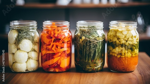 Bright fermented vegetables are stored in glass jars