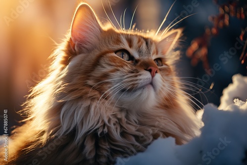 Close-up of a ginger cat's whiskers dusted with snow in a golden sunset