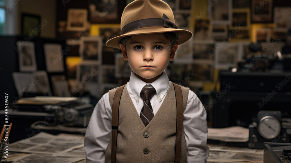 A young boy in formal attire, with a shirt, tie, suspenders, and hat, stands seriously A young boy in formal attire, with a shirt, tie, suspenders, and hat, stands seriously