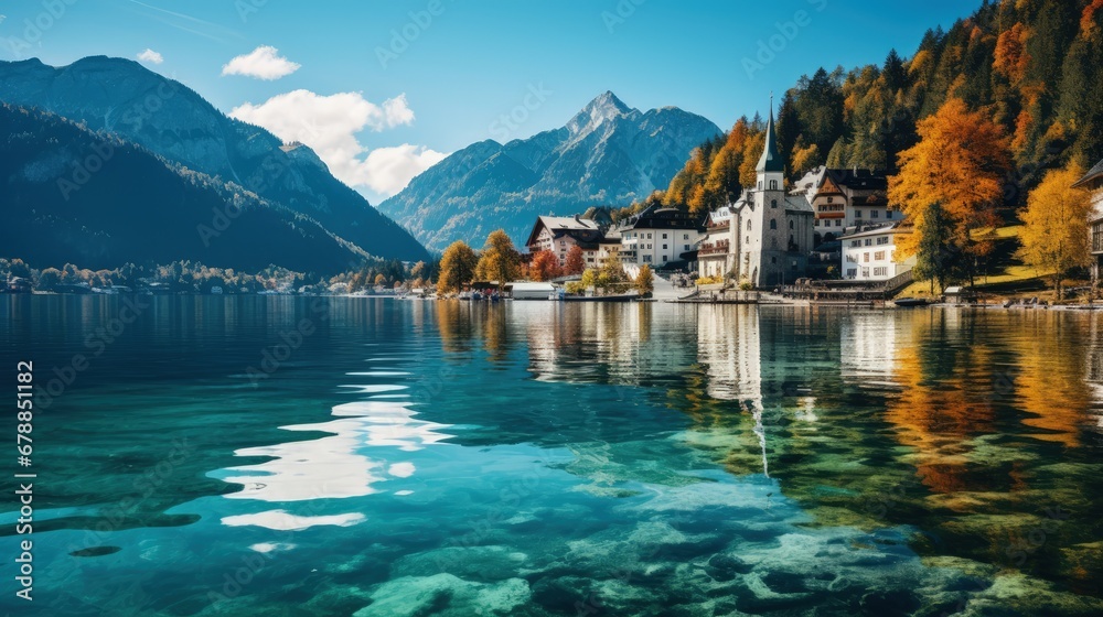 Beautiful panoramic view of Autumn Scene of Clear Lake with mountain - obrazy, fototapety, plakaty 