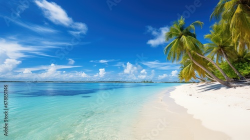 Beautiful beach with white sand with clouds and palm tree over the water on a Sunny day. Tropical landscape, wide format