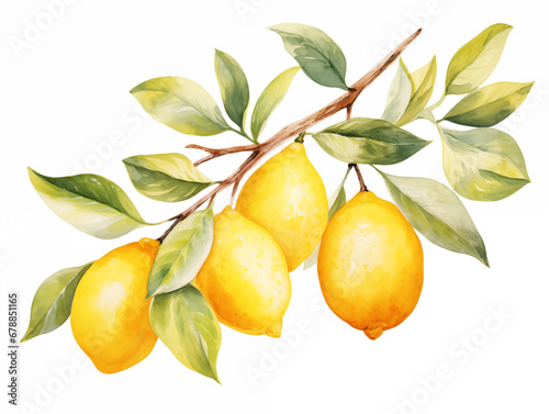 Watercolor lemon branch on white background