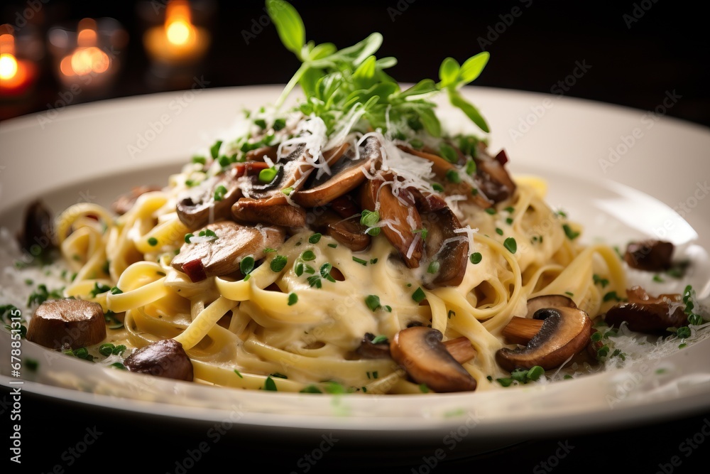 A refined plating of Mushroom Carbonara with carefully arranged pasta, creamy sauce, and a variety of mushrooms, garnished with truffle oil and fresh herbs, exuding a luxurious and indulgent feel A refined plating of Mushroom Carbonara with carefully arranged pasta, creamy sauce, and a variety of mushrooms, garnished with truffle oil and fresh herbs, exuding a luxurious and indulgent feel