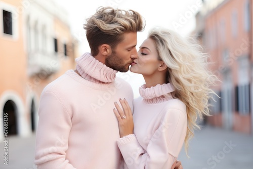 A couple in pastel pink outfits share a kiss on a serene street, exuding love and tenderness