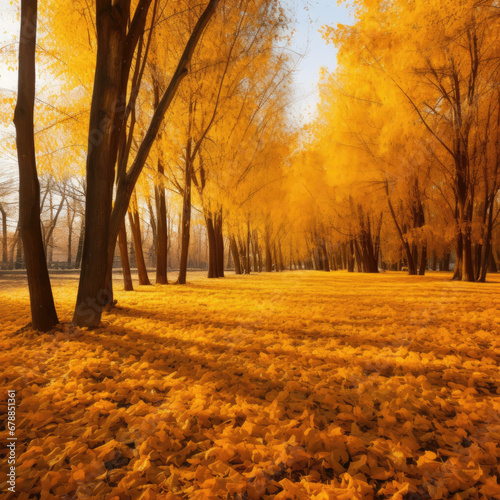 Beautiful bright colorful autumn landscape with a carpet of yellow leaves. Natural park with autumn trees on a bright sunny day