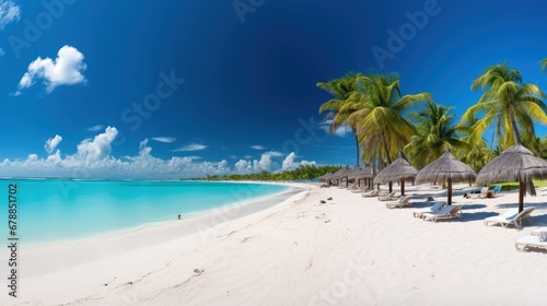 Beautiful beach with white sand with clouds and palm tree over the water on a Sunny day. Tropical landscape, wide format © JuJamal