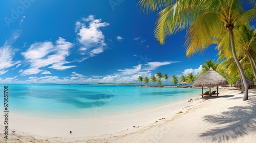 Beautiful beach with white sand with clouds and palm tree over the water on a Sunny day. Tropical landscape, wide format © JuJamal