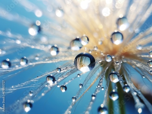 Beautiful dew drops on the dandelion plant seed blur blue background. macro photography