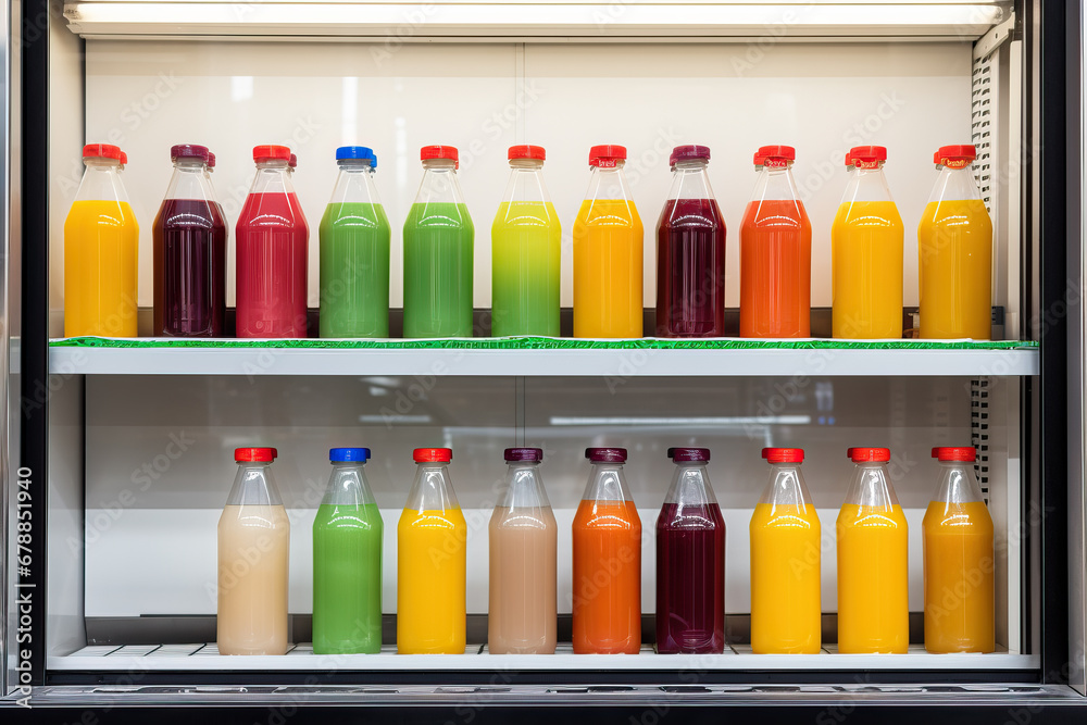 A Colorful Array of Fruit Juices in a Fully Stocked Refrigerator A Colorful Array of Fruit Juices in a Fully Stocked Refrigerator