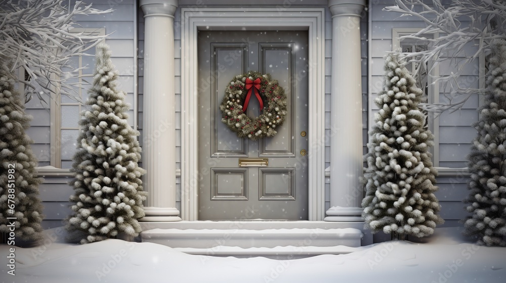 The door is decorated with New Year decorations and a Christmas wreath The door is decorated with New Year decorations and a Christmas wreath