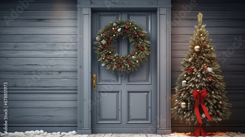 The door is decorated with New Year decorations and a Christmas wreath