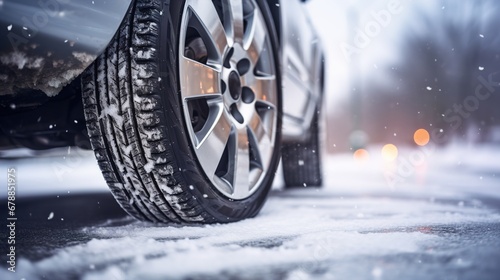 Car wheels in the snow on a winter slippery road