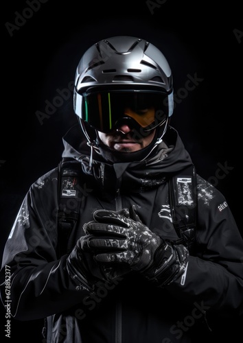 Young man with helmet and ski goggles. Ski equipment. Generative AI. © Simona