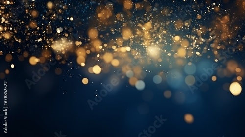 Abstract background with Dark blue and gold particle. Ramadan Golden light shine particles on navy blue background. Gold foil texture. Holiday concept