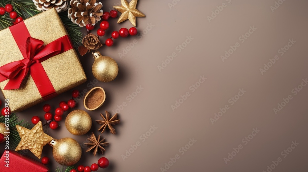 Christmas Flat Lay Background with Golden Red Decoration Festival Concept