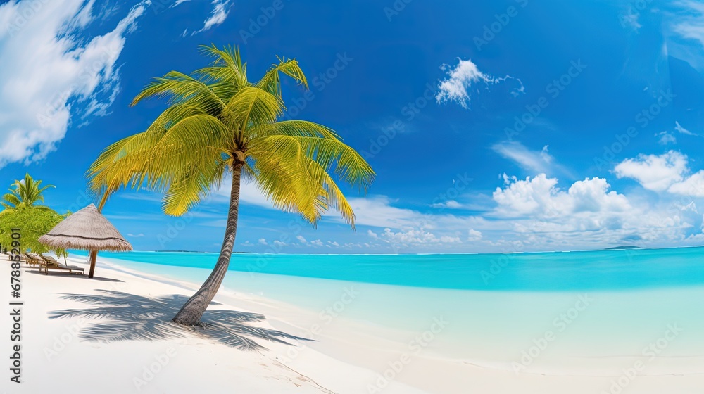 Tropical landscape with beautiful palm trees, White sand beach on island panorama