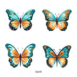 Vector illustrations of butterfly in bold blue orange color palette. A vibrant clipart collection of colorful butterflies.