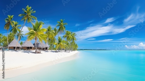 Tropical landscape with beautiful palm trees, White sand beach on island panorama © JuJamal