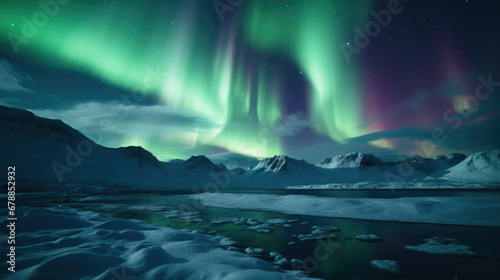 Northern Lights on the night sky. Aurora Borealis. Wintertime starry sky.