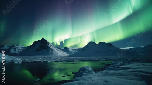 Northern Lights on the night sky. Aurora Borealis. Wintertime starry sky.