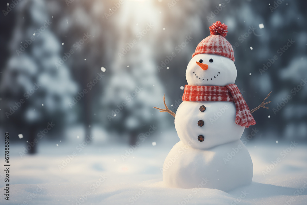 happy snowman under the the snowfall. Winter season background