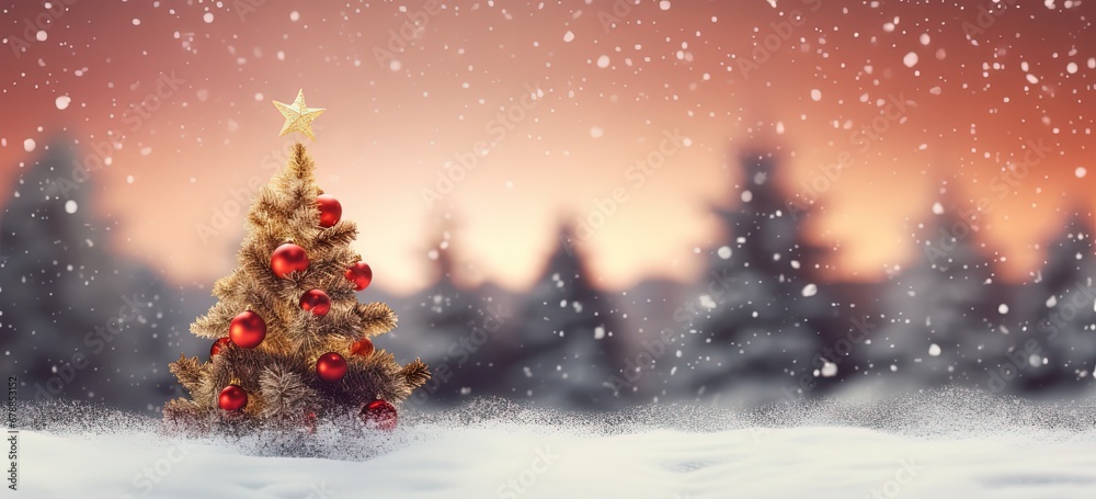 Christmas tree in winter snow fall evening decorated with gold and red Christmas globes, Xmas and new year background wallpaper, Generative Ai