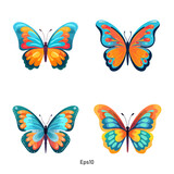 Set of vector butterflies in pastel vivid colors light blue and orange. A colorful clipart collection of butterfly illustrations