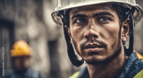 portrait of a construction worker, hard worker at work, portrait of a man with helmet, hard worker