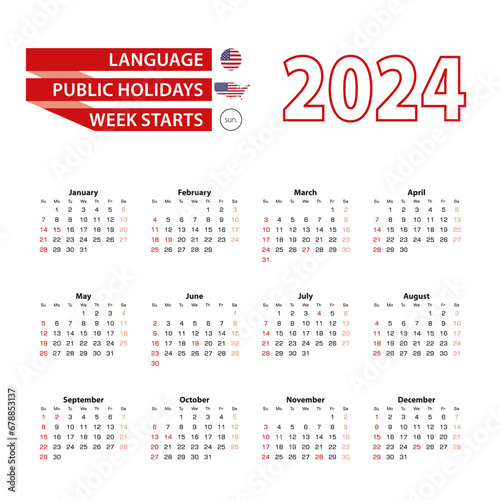 Calendar 2024 in English language with public holidays the United State of America in year 2024.