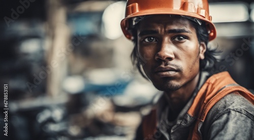 portrait of a construction worker, hard worker at work, portrait of a man with helmet, hard worker © Gegham