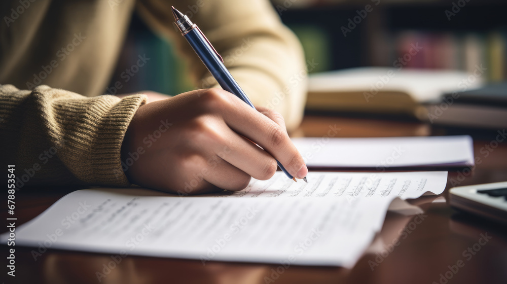 A person's hand is seen writing notes with a pen on a piece of paper, suggesting a moment of study or work at a desk. A person's hand is seen writing notes with a pen on a piece of paper, suggesting a moment of study or work at a desk.