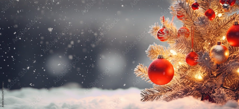 Christmas tree in winter snow fall night decorated with gold and red Christmas globes, Xmas and new year background wallpaper, Generative Ai Christmas tree in winter snow fall night decorated with gold and red Christmas globes, Xmas and new year background wallpaper, Generative Ai