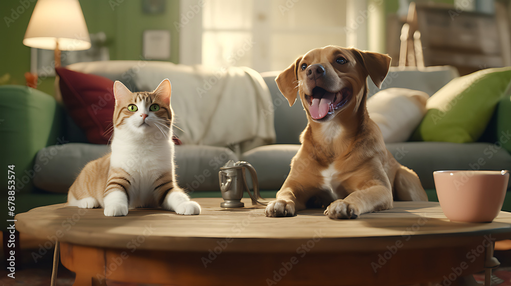 Playful interaction between dogs and cats in a cozy home environment.