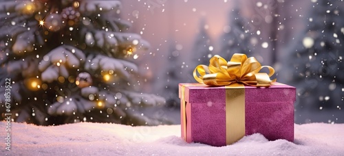 closeup pink gift box and Christmas tree in winter snow fall night decorated with ribbon, Xmas and new year bokeh light background wallpaper with copy space, Generative Ai © QuietWord