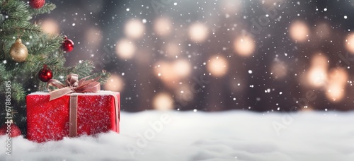 closeup red gift box and Christmas tree in winter snow fall night decorated with ribbon, Xmas and new year bokeh light background wallpaper with copy space, Generative Ai