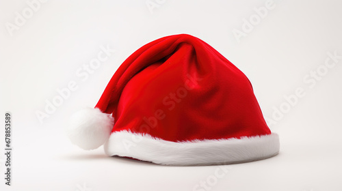 Red Santa Claus hat with a white fur trim and pompom, typically associated with Christmas festivities, against a white background.