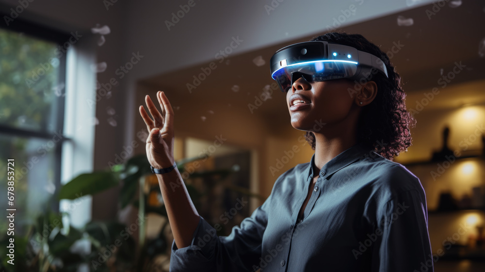 A woman is wearing a virtual reality headset, her hand raised in a gesture of interaction with the immersive experience she is engaged in. - obrazy, fototapety, plakaty 
