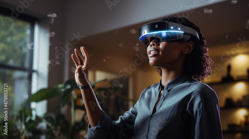 A woman is wearing a virtual reality headset, her hand raised in a gesture of interaction with the immersive experience she is engaged in. photo