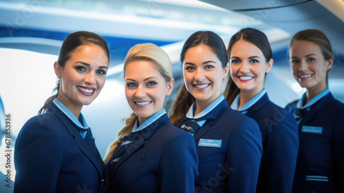 A group of professional flight attendants in blue uniforms, lined up photo