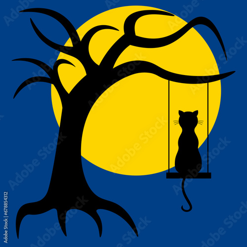 Black silhouette of dry bare tree and cat on swings on moon background. Halloween scary spooky dead tree. 