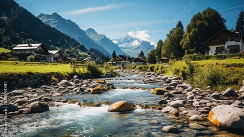 Photo of beautiful summer landscape with river stream and houses