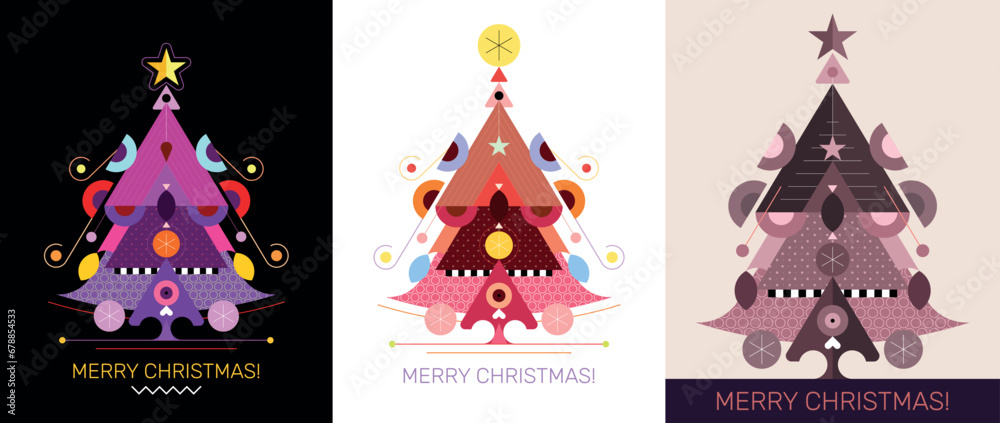 Three options of a Christmas Tree vector design. - obrazy, fototapety, plakaty 