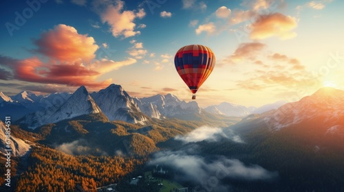 beautiful paradise landscape with colorful hot air balloon flying in the sunrays sky, travel destination photo