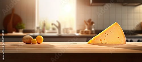 In the kitchen the white light illuminates the wooden table where a triangle of orange cheese sits on a yellow board showcasing a healthy cooking option for a balanced diet