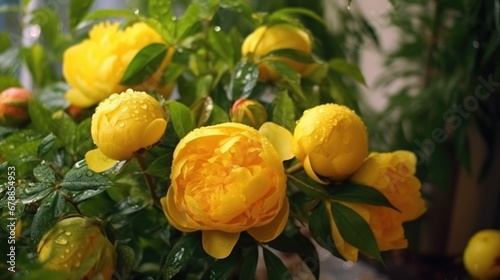 Bouquet of yellow peonies. Beautiful Yellow Peonies. Springtime Concept. Mothers Day Concept with a Copy Space. Valentine's Day.