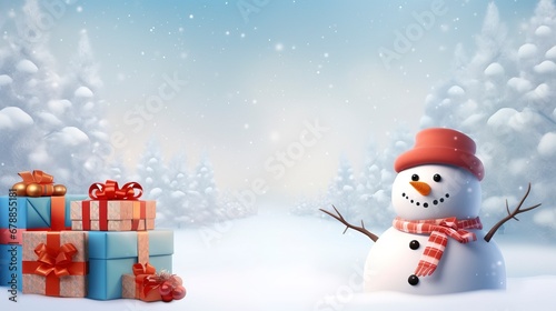 Snowman against the backdrop of a winter landscape with gifts. AI Generation © Terablete