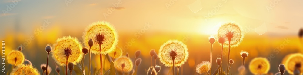 close-up macro dandelion flowers on meadow in nature in summer at sunset sunrise. Ultra wide banner format. - obrazy, fototapety, plakaty 