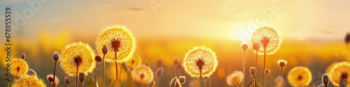 close-up macro dandelion flowers on meadow in nature in summer at sunset sunrise. Ultra wide banner format.