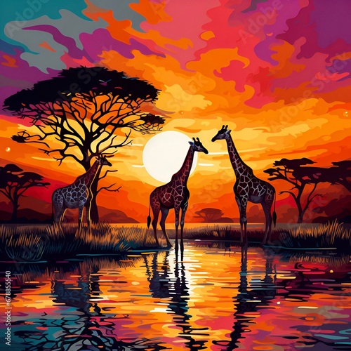 Group of giraffes at sunset