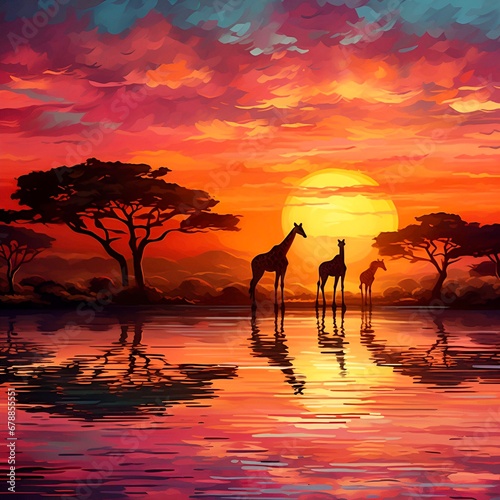 silhouette of giraffes at sunset